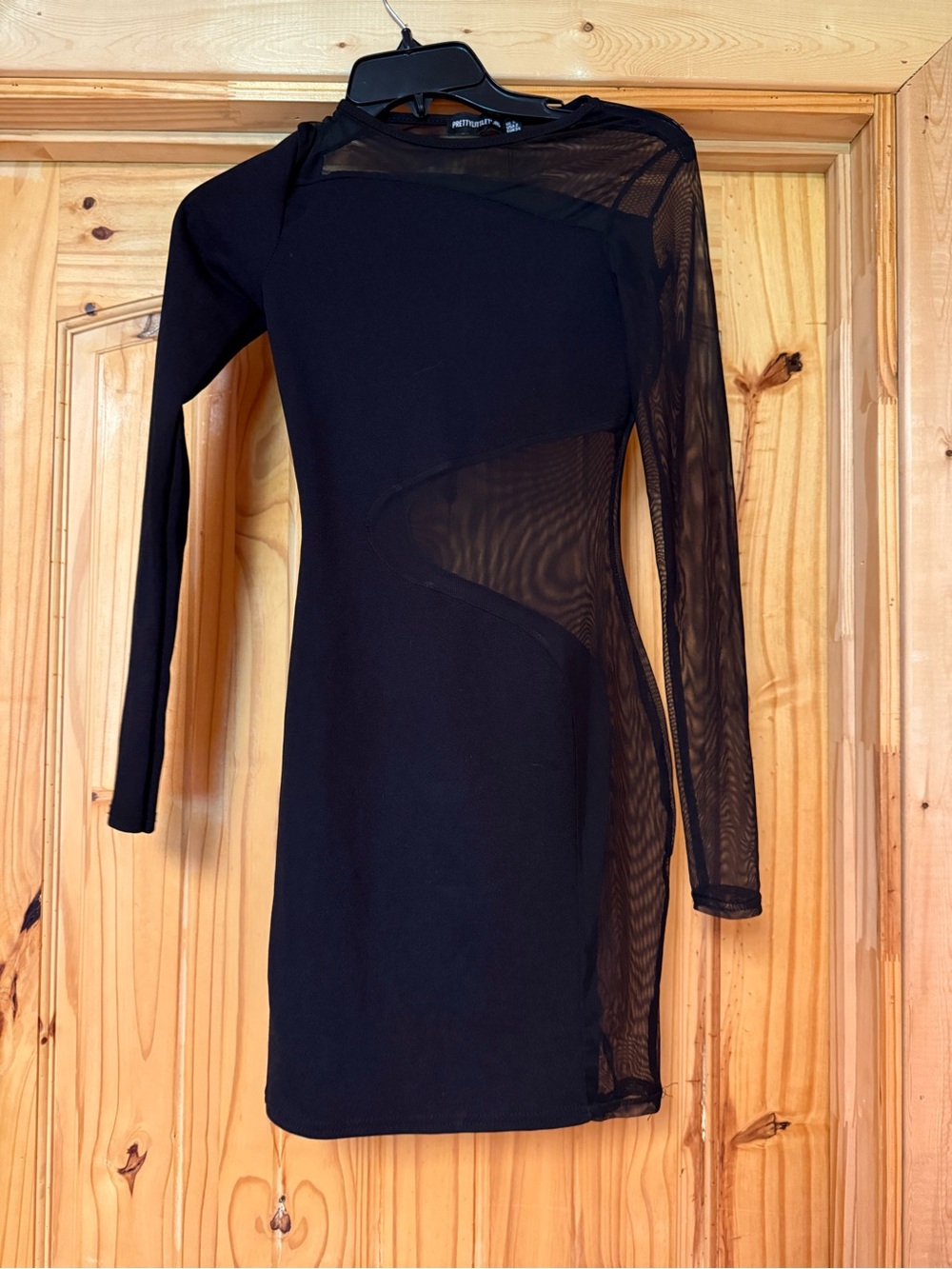 PrettyLittleThing Black Asymmetric Mesh Insert Long Sleeve Bodycon Dress